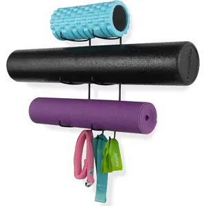 Yoga Mat Holder Wall Mount with 3 Hooks for Yoga Strap, Resistance Bands, 5-Sectional Metal