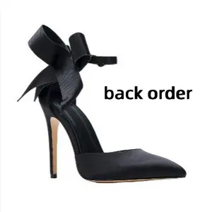 Pointed Toe Stiletto Heel Pumps with Smooth Fabric Tie-Up Ankle Strap - Black Evening Heels for Women