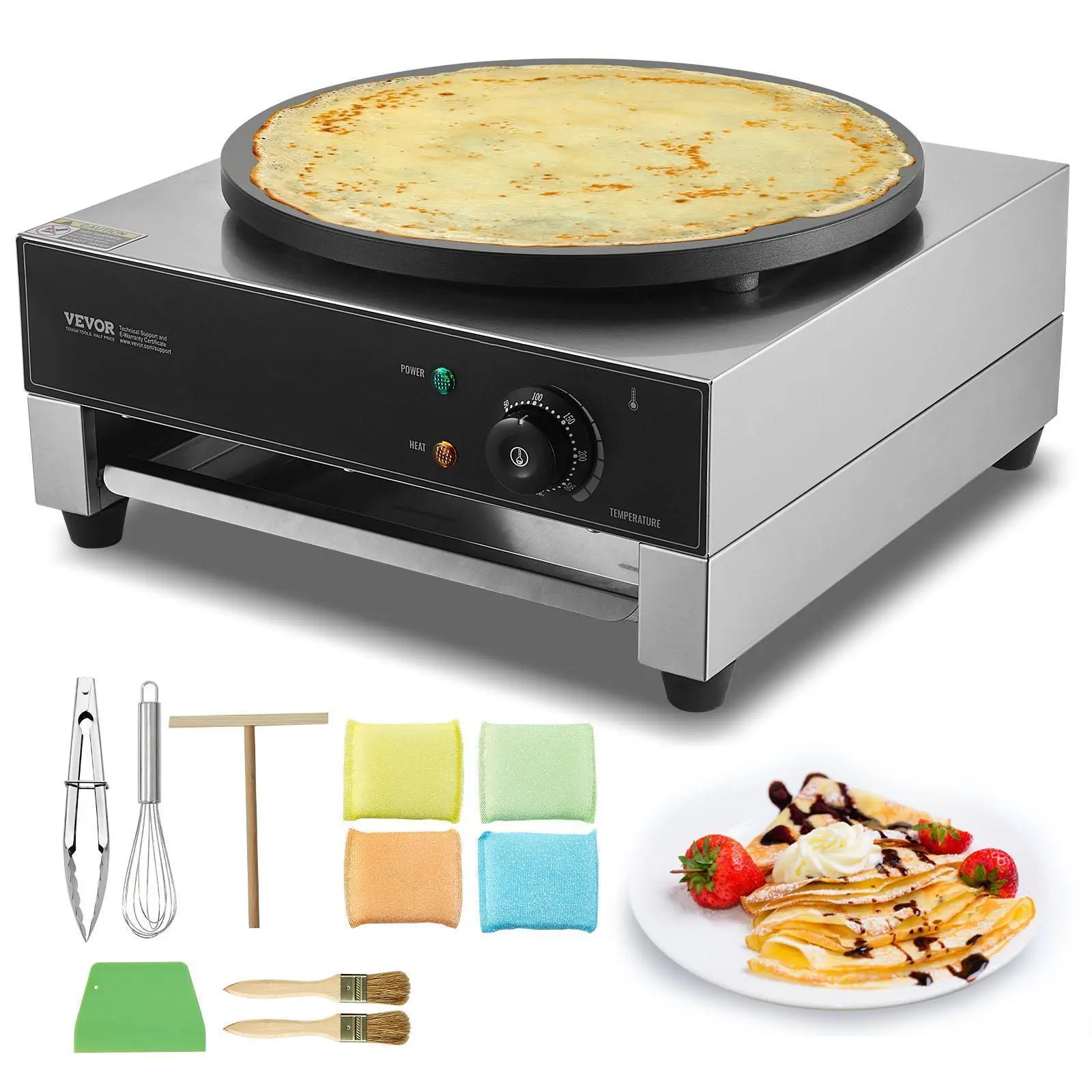 【Fallpicks】VEVOR 16-Inch Commercial Electric Crepe & Waffle Maker, 1700W Power Nonstick Stainless Steel Flat Plate Griddle, Desktop Temp-Control Machine with Accessory Kit for Cafes, Restaurants (16" Crepe Circle)
