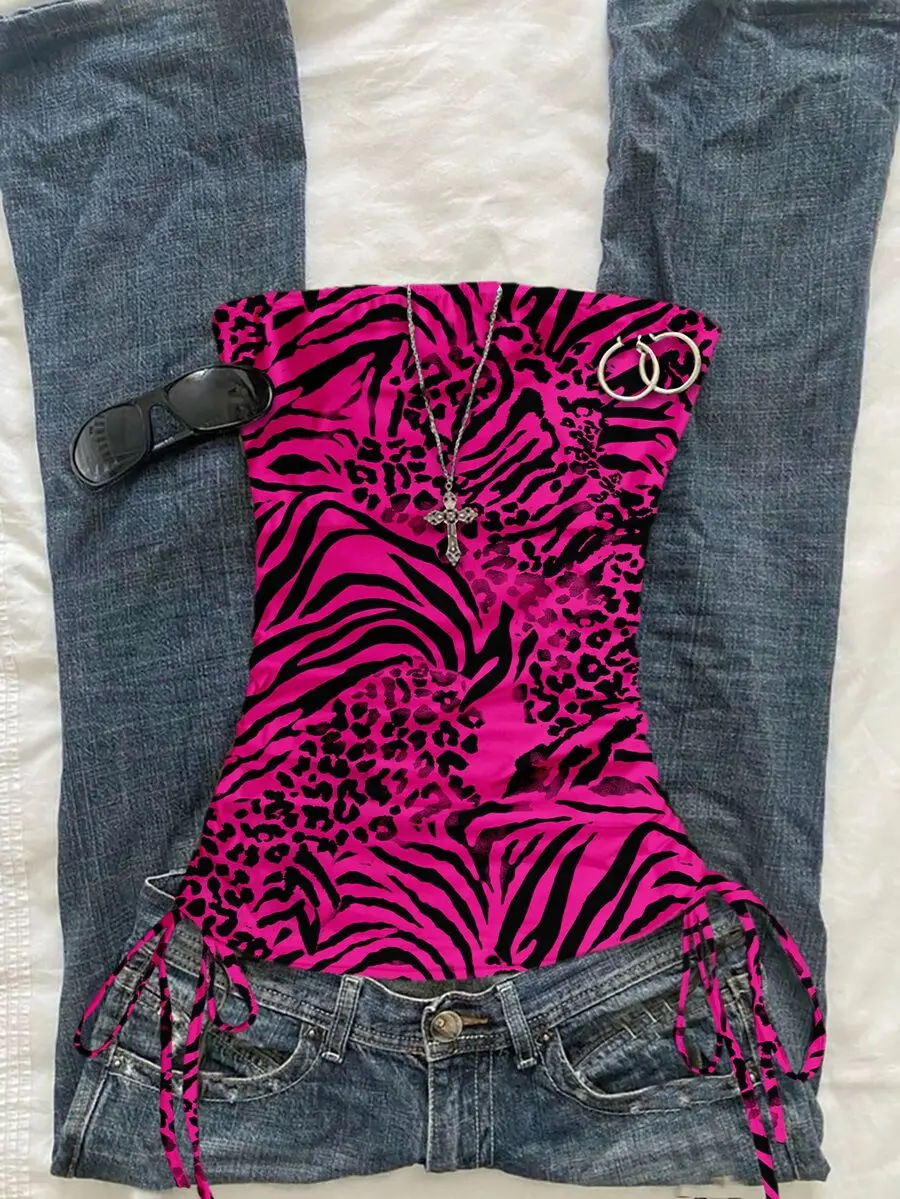 Attitoon Women's Sexy Leopard Print Drawstring Tie Bandeau Top