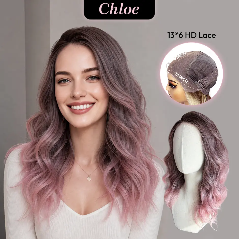 [Chloe] VSIGN Dusty Rose Pink Ombre Wavy Wig Brown Root Gradient 13×6 Lace Front Wig Glueless Beginner Friendly Wear Go Wig Synthetic Wig Soft Natural Looking Hair Easy Install Lightweight Comfortable Feminine Romantic Style
