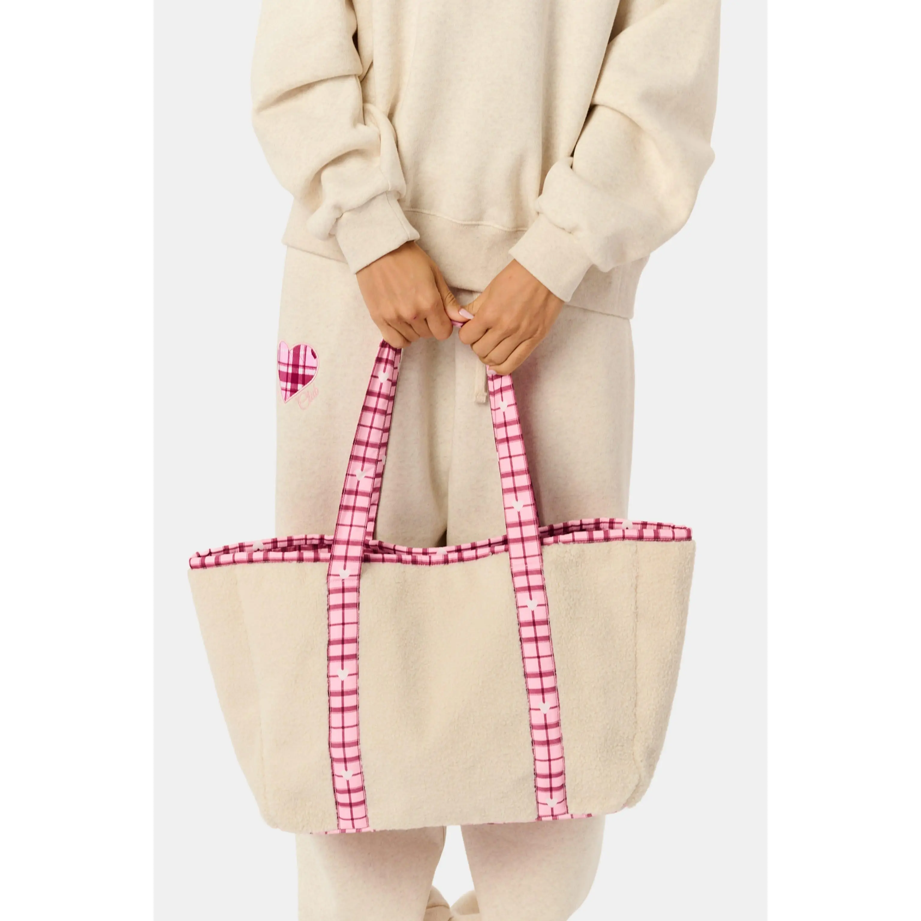 Plaid Hearts Sherpa Tote