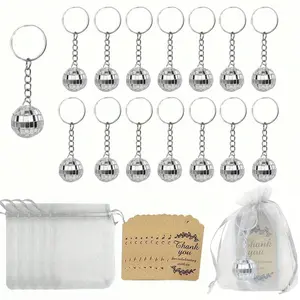 Disco Ball Keychain Set of 15 with Thank You Tags, Organza Gift Bag, 70s & 80s Party Favors, Carnival Supplies, Birthday Gifts, Stylish Keychain