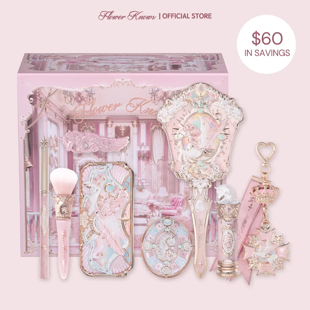 Flower Knows Celestial Bloom Set, 9 items from Knight Unicorn collection, full face set with eyeshadow, lipstick, blush, mirror and makeup tools