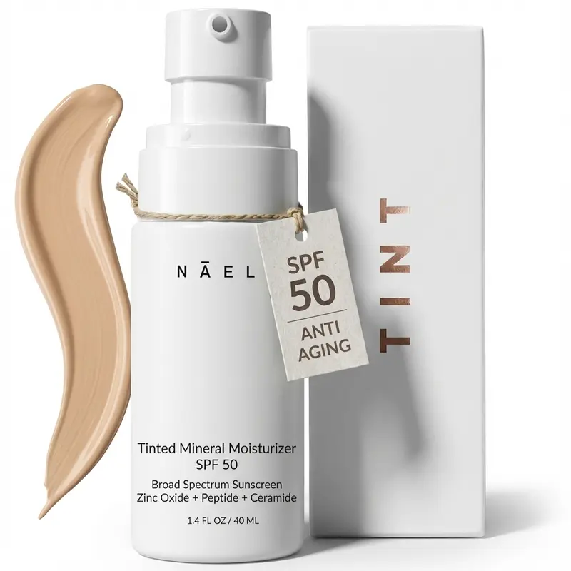 NAELI Anti Aging Tinted Moisturizer SPF 50, Mineral Sunscreen for Face with Zinc Oxide, Peptides & Ceramides, Natural Hydrating Universal Tint, 1.4 oz