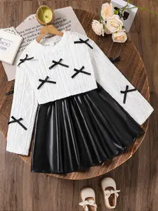 Girls' Classic Colorblock Bow Knot Long Sleeve Top & Elastic Waist Skirt Set, Casual Fashion for Daily Wear