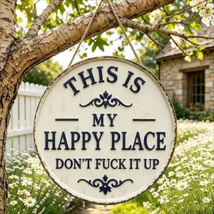 12x12 Inch Round Vintage This Is My Happy Place Funny Metal Hanging Sign, Ornate Scroll Distressed Rustic Plaque for Front Porch, Backyard Garden, Farmhouse Entryway Decor, Hilarious Housewarming Gift for Home & Yard Lovers