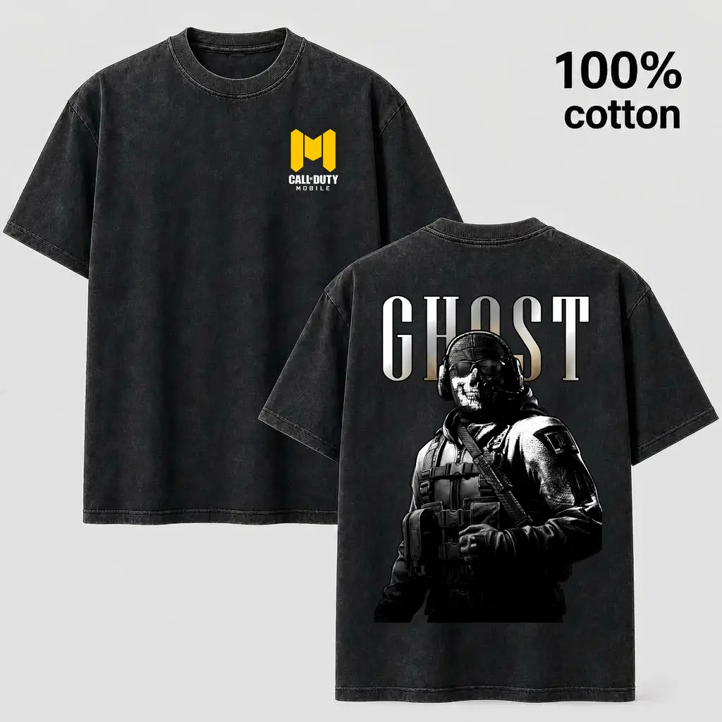 Unisex Short-Sleeve Soft Breathable Cotton Black-Acid Wash Oversized Call of Duty Mobile Ghost Print T-Shirt - Casual Sports Top, Shortsleeve