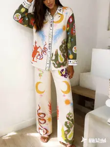 Boho Style 2-Piece Set, Starry Sky Print Shirt + High-Waisted Wide Leg Pants, Perfect for Commuting, Travel, and Vacation