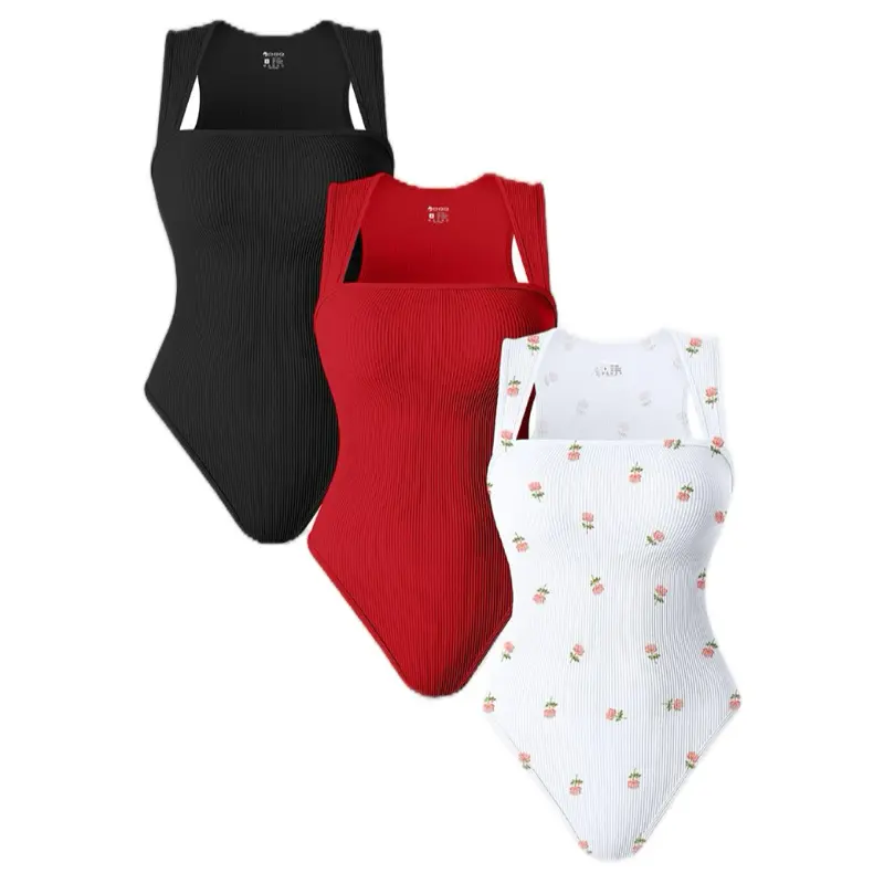OQQfitness Womenswear 3 Piece Bodysuits Stretchy Underwear Sexy Ribbed Square Neck Sleeveless Stretchy Tank Tops Bodysuits Soft Lady Clothes
