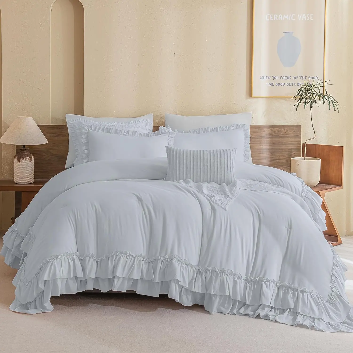 Queen Size Ruffled Comforter Set - Farmhouse Ruffle Style, French Country Vintage, Ultra Soft, All Seasons Lightweight, Durable, Expert Craftsmanship, No Clumping, Handmade Hem; Set Includes 1 Cornflower Blue Comforter + 2 Pillowcases, Black Option