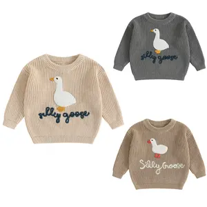 Toddler Baby Boy Cable Knit Sweater Silly Goose Embroidery Long Sleeve Warm Knitted Pullover Sweatshirt Tops Fall Winter Clothes