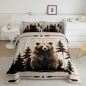 Bear Bed Comforter,Retro Western Rustic Designer Comforter Set,Animal King Size Bedding Set,Microfiber Arrow Wooden Paw Duvet Set