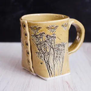 Bumble Bee Mug, Tan Bee Mug, Handmade Ceramic Mug, Boho Kitchen Mug, Wild Flower Decor, Farmhouse Mug, Unique Coffee Gift Mom