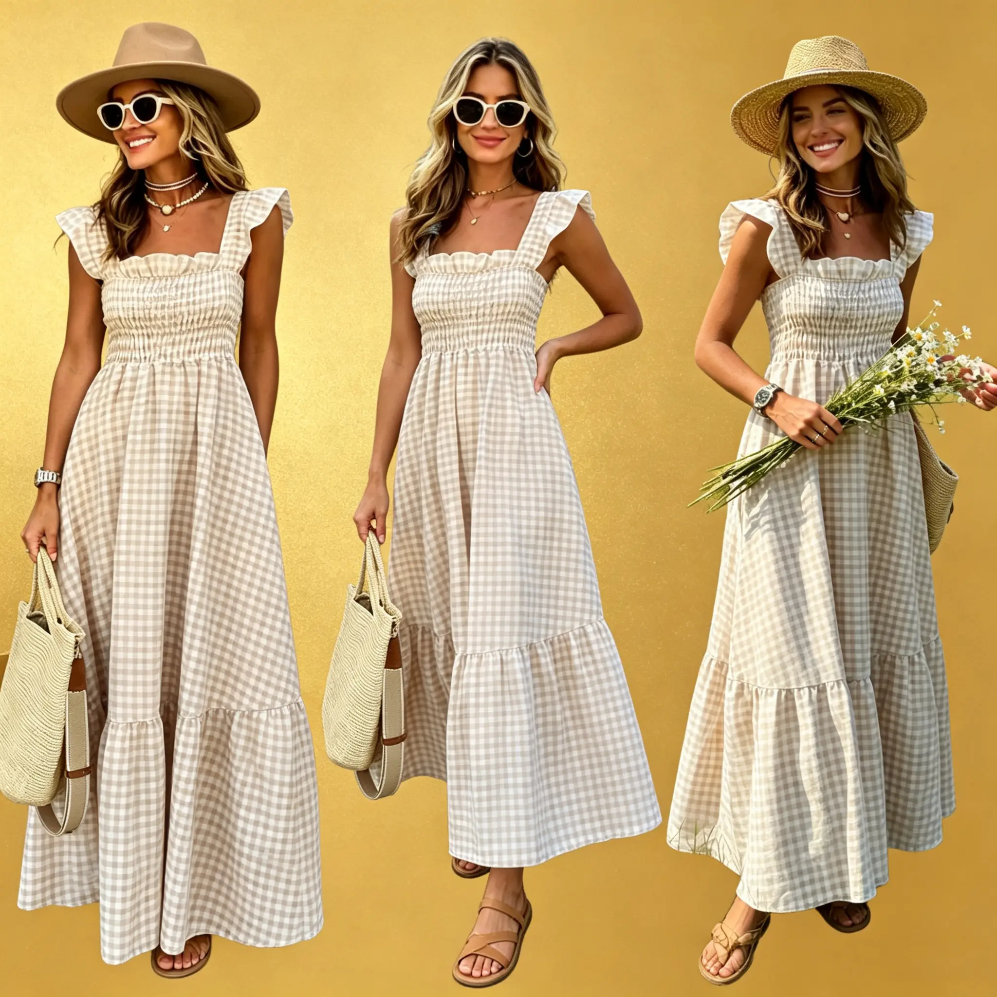 Boho Offwhite Gingham Tiered Maxi DressSquare Neck Smocked Bust Ruffle StrapsCasual Vacation Flowy Sundress