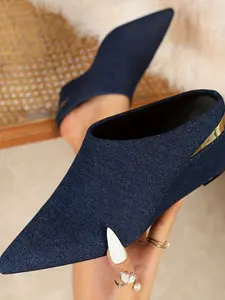 Women's Denim Pointed Toe Wedge Sandals, Blue Thick Sole Slip-On Shoes, Casual Fashion Footwear for All Seasons