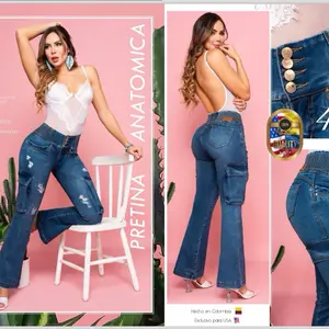 Ultra Power Ref 2377B Bota Campana Cargo Style Denim Jeans for Women Tono Azul Claro Destroy Fit Without Belt Made in Colombia