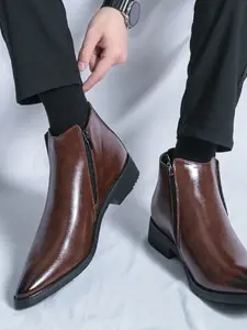 Men's Autumn Winter Business Chelsea Boots, Pointed Toe Side Zipper, Rubber, Simple Elegant Comfortable Retro Trendy Shoes, Footwear