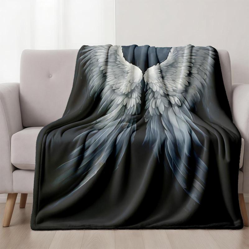 1 piece White angel wings beautiful feather design themed flannel blanket - Oversized fluffy warm sofa blanket, suitable for beds and sofas, modern geometric pattern design, all-season use, digital printing, 100% polyester material, machine