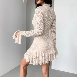 Autumn and Winter New Lace Off-shoulder Double-layer Ruffle Slim Fit Bodycon Dress