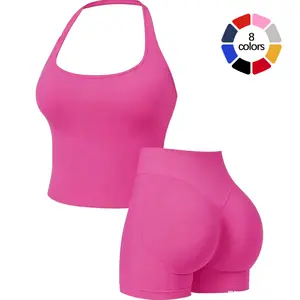 TCVC Women's Solid Removable Chest Pad Sports Tank Top, Casual Comfort and Durability Halter Neck Sports Top for Yoga Gym Workout, Ladies Sportswear for Spring & Summer, Pilates Yoga Wear