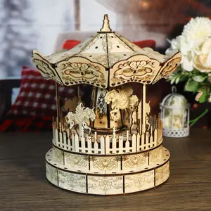 3d Wooden Puzzle Carousel Music Box Handmade Assembly Model Kit Holidays Birthdays Christmas Gifts