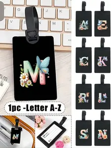 1pc Colorful Butterfly Flower A-Z Letter Pattern Black Luggage Tag, Pvc, Personalized, Cute, Luggage Id Tag, Address Card, Essential For Travel, Bag Accessories