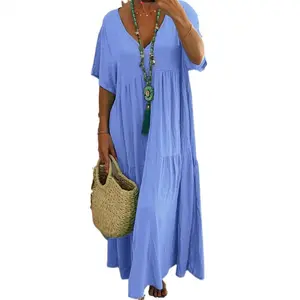 Plus Size Women's Dress - Trendy Flowy Maxi Dress, V-Neck & Elastic Waist, S-5XL Breathable Casual