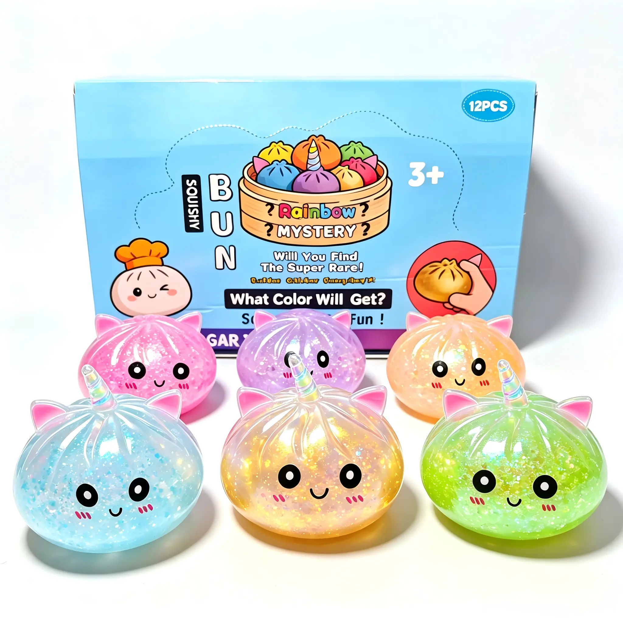Exclusive Special Edition Glitter Bun Unicorn Squishy, TPR Safe Slow-Rebound Collectible with Steamer Box, Soft Sparkly Stress Relief Fidget Toy for Kids, Perfect Festive & Party Gift for Party Bags & Home Supplies Use, Collectibles