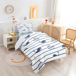 2-Piece Striped Whale Bedding Set, Racing Car Down Comforter Set, Blue and White, Bedroom Decor, Guest Room, 2D Cartoon Ocean Style, Flat Print (Includes 1 comforter cover + 1 pillowcase, no insert)