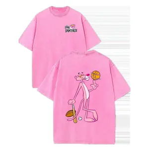 Men's & Women's 230GSM Heavyweight Cotton T-Shirt Retro Y2K Streetwear Style with Pink Panther & Baseball Print Round Neck Short Sleeve Casual Summer Machine Washable Unisex Tee
