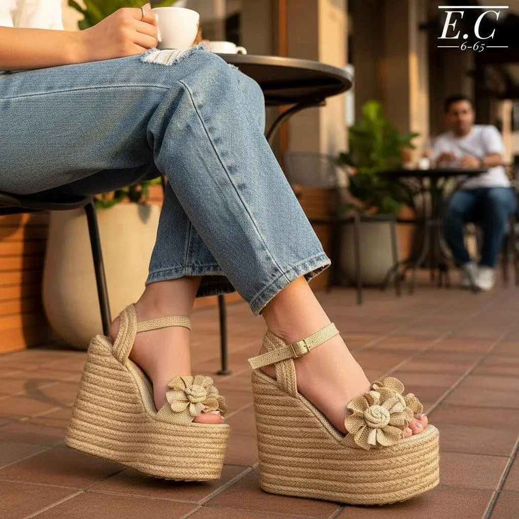Women's 15 cm Natural Jute Flower High Heels Sandal - Brown Stylish Flatform Footwear with Decorative Platform Sole, Elegant Walking Heels for Women
