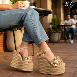 Women's 15 cm Natural Jute Flower Wedge Sandals - Brown Flatform, Elegant Walking Shoes with Decorative Platform heel collection shoe addict
