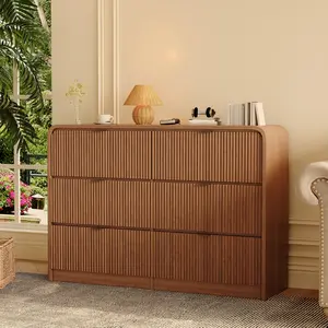 Modern Fluted 6-Drawer Dresser, Tall Wide Wooden Chest of Drawers with Rounded Edge, Walnut Finish Storage Cabinet for Bedroom, Living Room and Hallway
