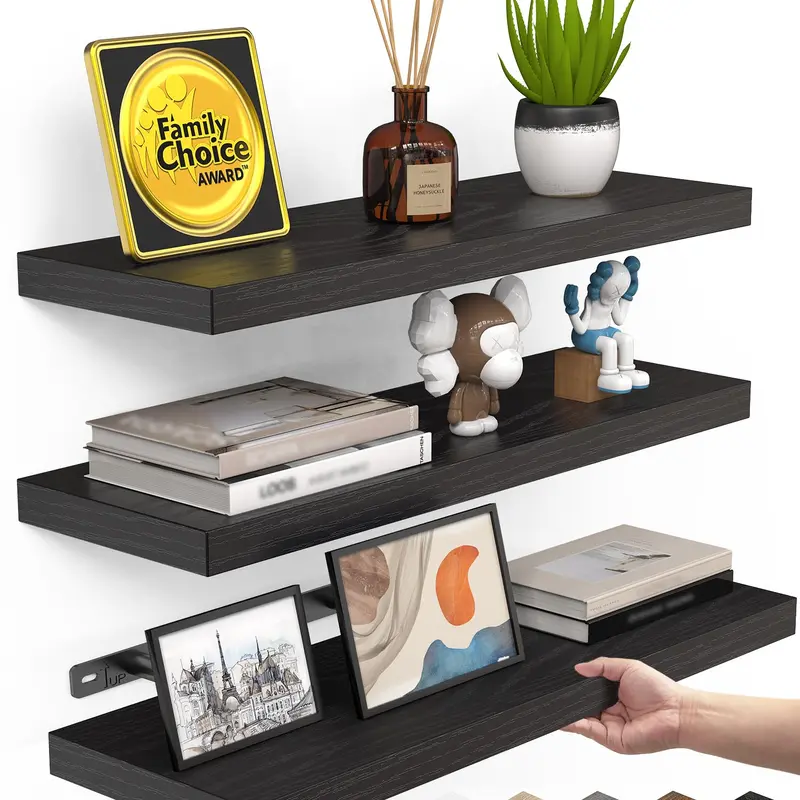 BAYKA Floating Shelves for Wall, Wall Mounted Rustic Wood Shelves for Bathroom, Bedroom, Living Room, Kitchen, Hanging Shelf for Books/Storage/Room Decor with 22lbs Capacity
