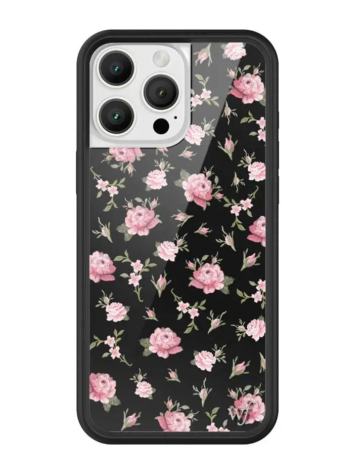 Black & Pink Floral | Limited Edition Trendy iPhone Case | Raised Protective Black Bumper | Women Owned Small Business | Black Background Pretty Pink Roses Aesthetic Pattern Design | Safety Casing Protective | Gift for Her