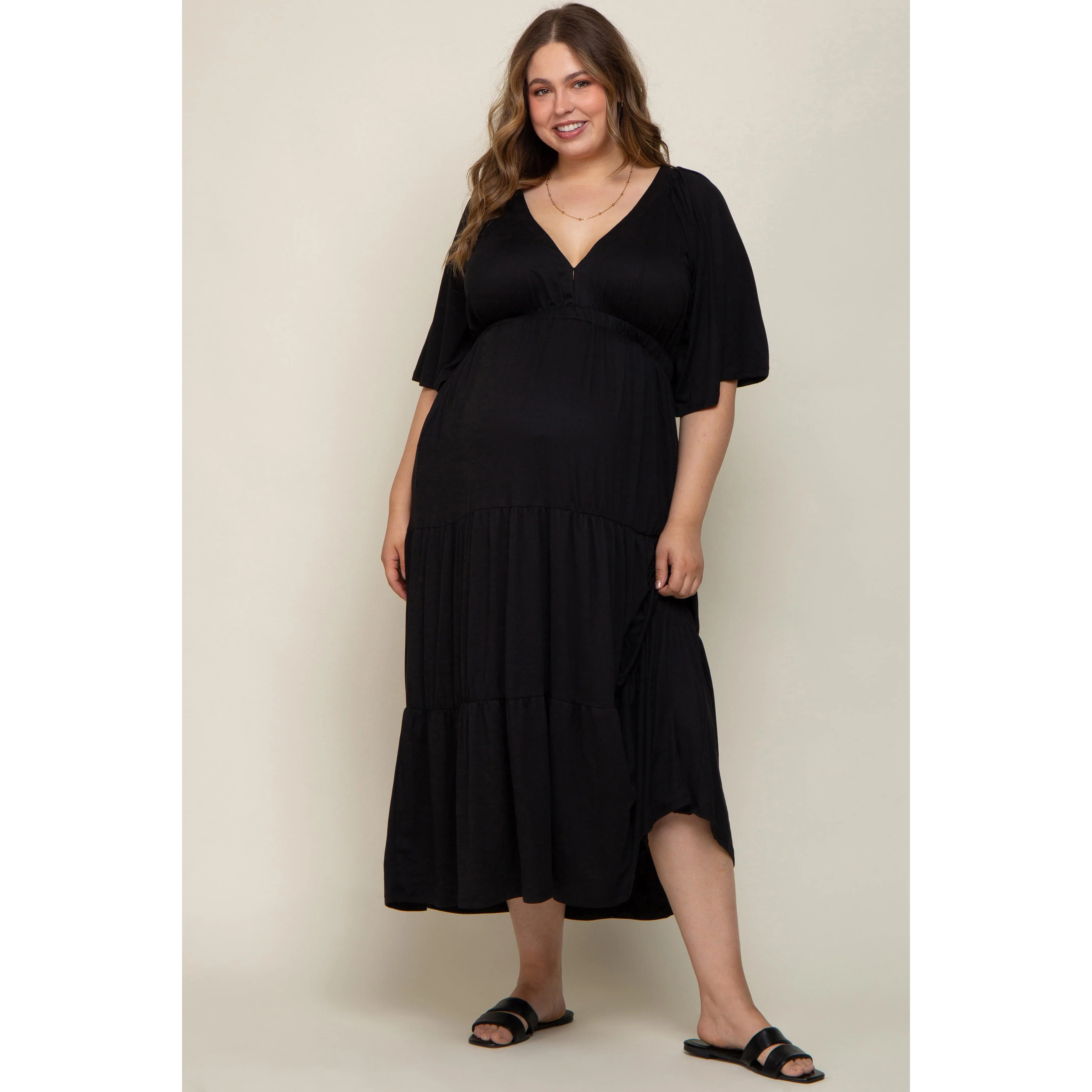Flattering Maternity Plus Maxi Dress, Stretchy and Chic V-Neck Tiered Gown with Short Flutter Sleeves, Maternity Apparel, Short Sleeves, Tiered Skirt, Flattering Cut