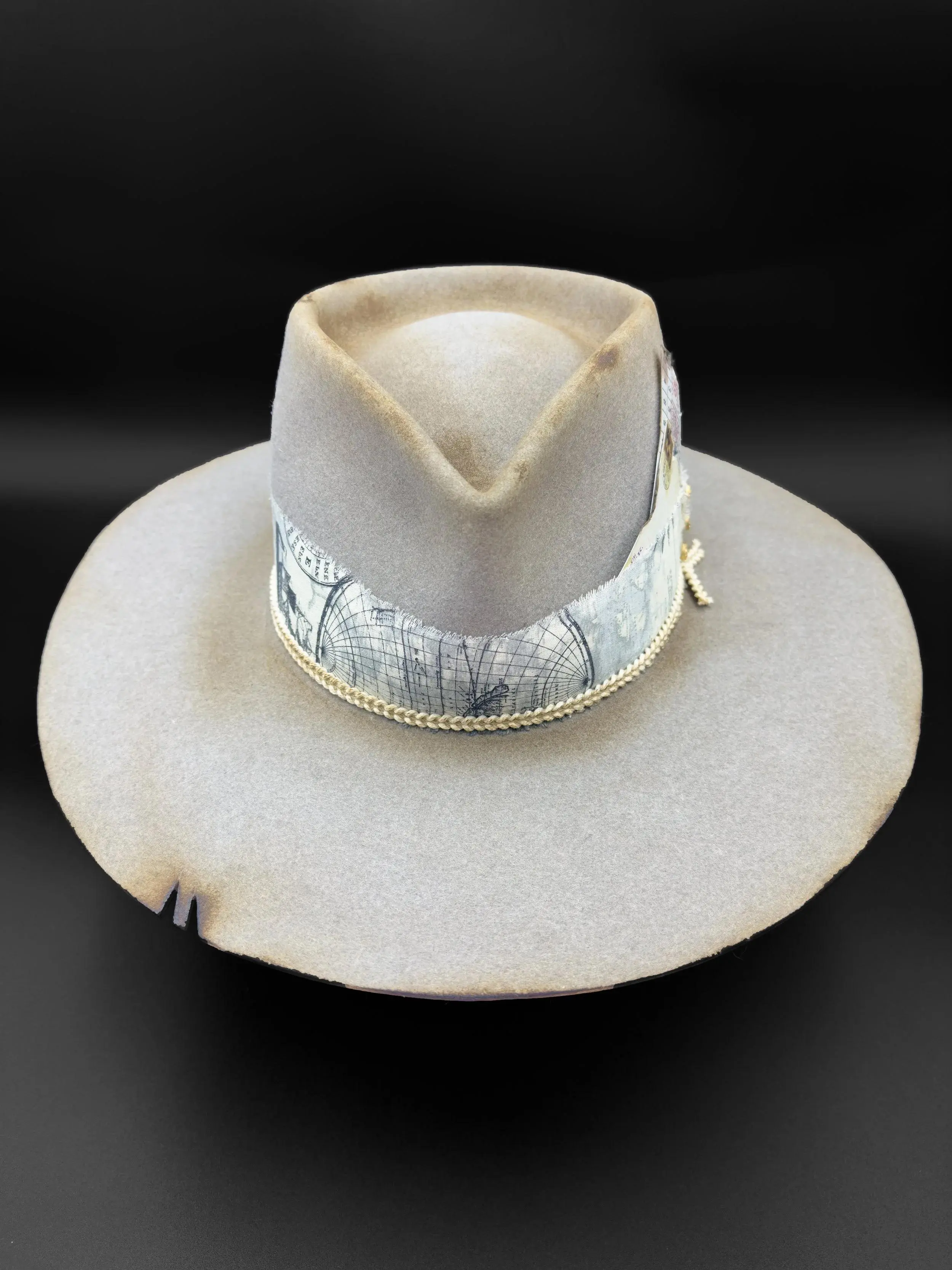 Homesick Unisex Rabbit Felt Hat with Vintage Map Band Gold Anchor Button Braided Roping Brass Bird Charm Teardrop Crown Wide Brim Natural Size 7 1/4