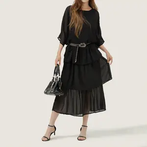 Midiross Flowy Maxi Dress for Curvy Women Effortless Body Flattering Perfect for Vacay and Daily Wear Casual A Line Round Neck 3/4 Sleeve Shirred Fit Summer Dress Elegant