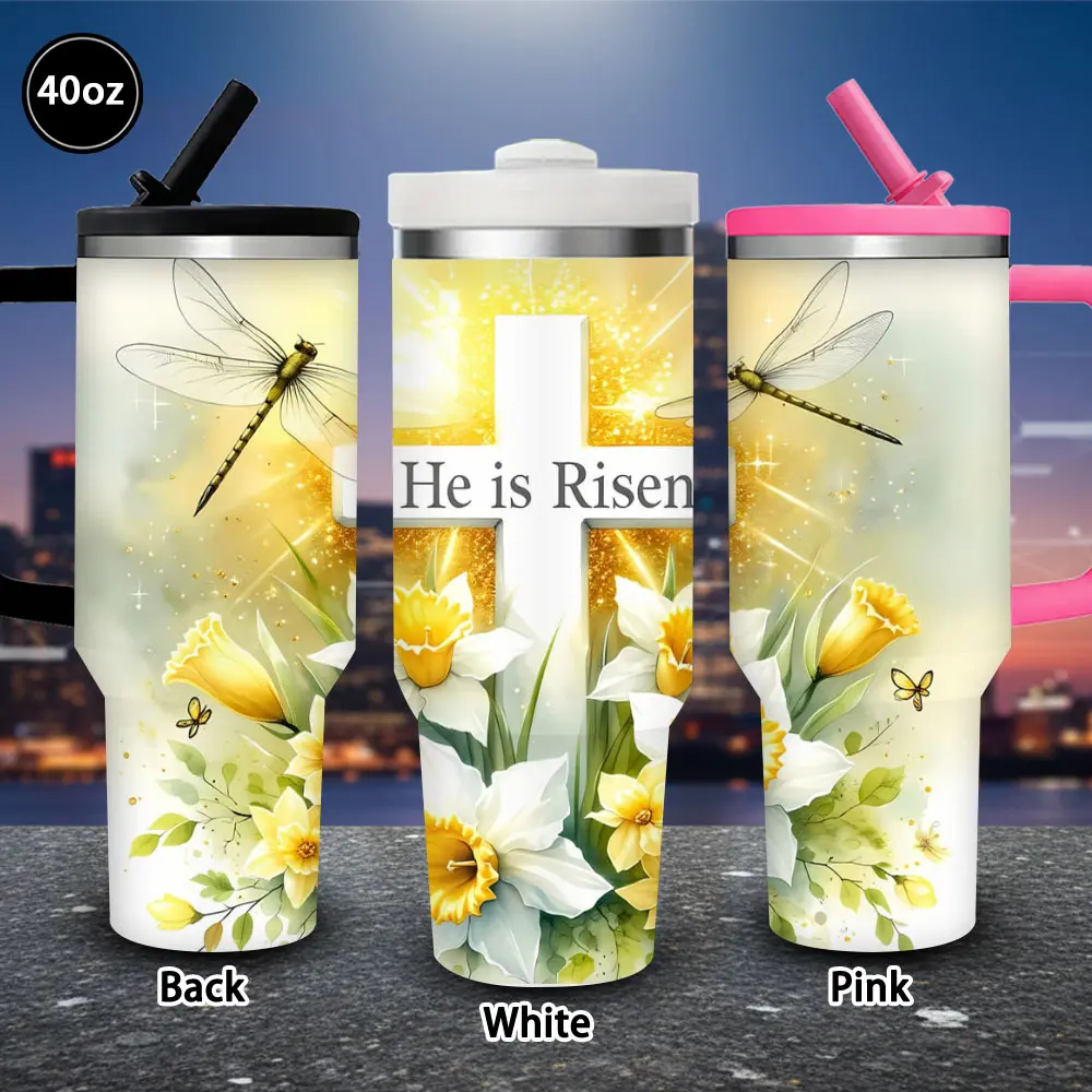 1 pc 40 oz elegant daffodil cross tumbler with lid and straw, winter insulated travel mug, gift for women and men, ideal for Valentine’s Day, Easter, birthday gifts, iced/hot coffee cup