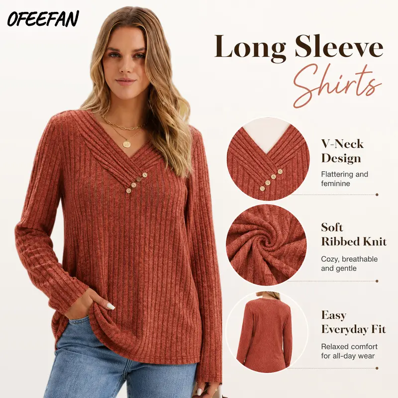 OFEEFAN Sweaters for Women Long Sleeve Shirts V Neck Tops with Buttons Fall Fashion Outfits Winter Clothing 2025 Knitwear