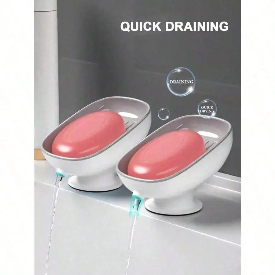 Oval ABS Plastic Lidless Countertop Soap Dish, Double-Layer with Detachable Drainage Tray - 45° Inclined Curved Slope, Drainage Hole Soap Container, No-Drill Suction Cup for Bathroom, Kitchen, Countertop Soap Dishes
