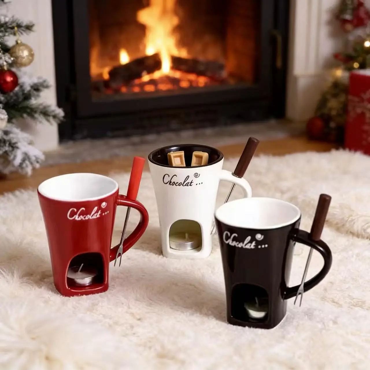 Ceramic Melting Mug - Chocolate Cheese Ice Cream Fondue Cup with Fork, Heat Resistant Handle, Candle-Friendly & Microwave-Safe, Home Kitchen Hot Pot Mug, Ideal Holiday/Birthday/Wedding Gift