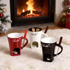Ceramic Melting Mug - Chocolate Cheese Ice Cream Fondue Cup with Fork, Heat Resistant Handle, Candle-Friendly & Microwave-Safe, Home Kitchen Hot Pot Mug, Ideal Holiday/Birthday/Wedding Gift