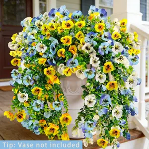 3pcs Artificial Hanging Flowers Outdoor UV-Resistant Faux Silk Pansies, Long Trailing Vine for Porch Balcony Patio Garden Home Decor, Vibrant Faux Flowers