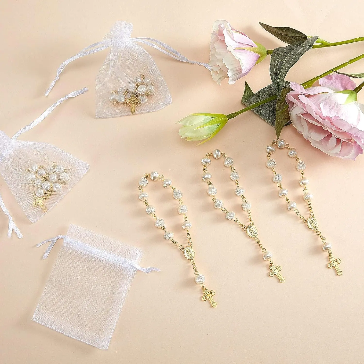 30Pack Baptism Rosary Acrylic Rosary Beads Ivory Color Mini Finger Rosaries Gold Plated Faux Pearls for Baptism Christening Communion Weddings Party Favors - Home Improvement.