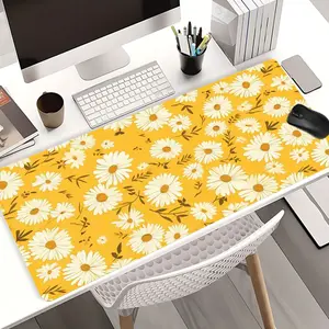 Yellow Background Daisy Flower Desk Pad Gaming Mousepad XXL Mouse Pad for Laptop Desk Mouse Pad Extra Large with Non-Slip Rubber Base Stitched Edges Surface for PC Gamers Office Workers & Home Use