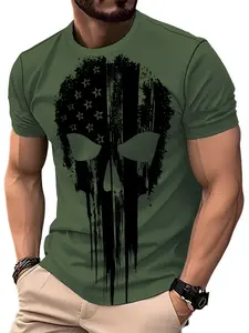 Men's Summer Casual Streetwear Short Sleeve Round Neck Olive Green Distressed American Flag Skull Print Menswear T-Shirt Casual Style Tee