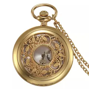 Antique Gold Tone Floral Patterned Quartz Pocket Watch Necklace Sweater Chain