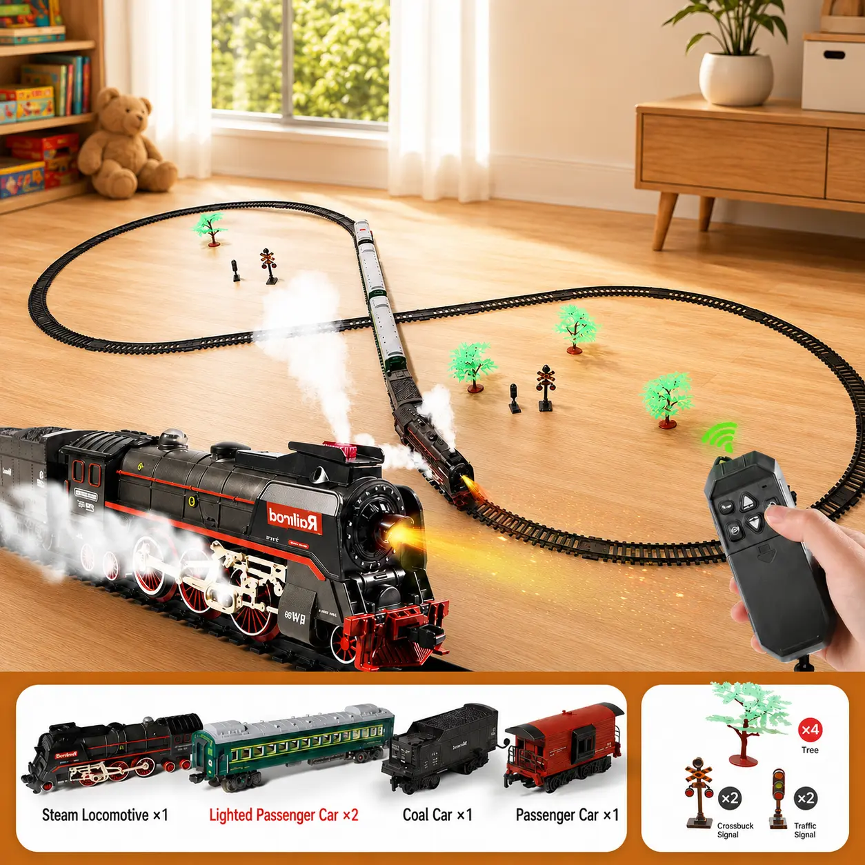 Deluxe Lighted Train Set with Remote Control, Steam Mist Electric Railway Toy with Sound & Whistle for Kids Gift